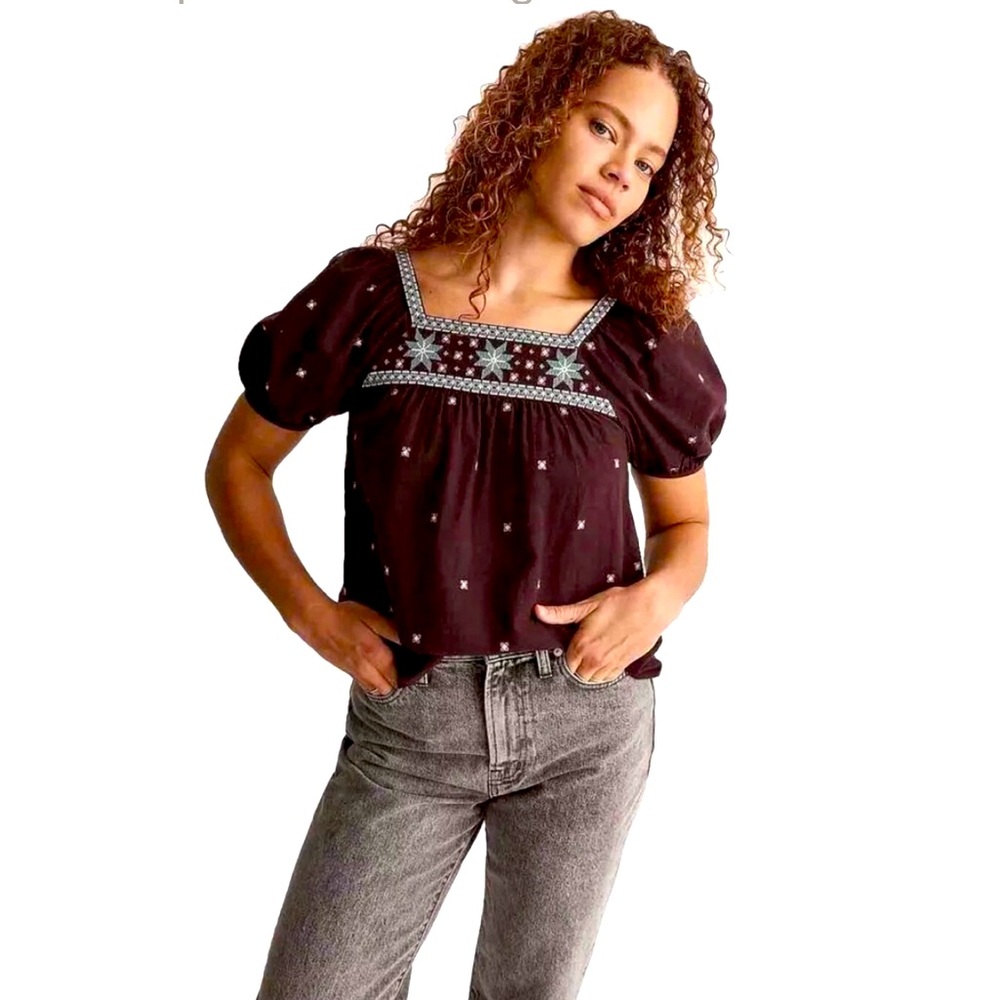 Madewell Embroidered Crinkle Cotton Bubble Sleeve Top Size‎ L